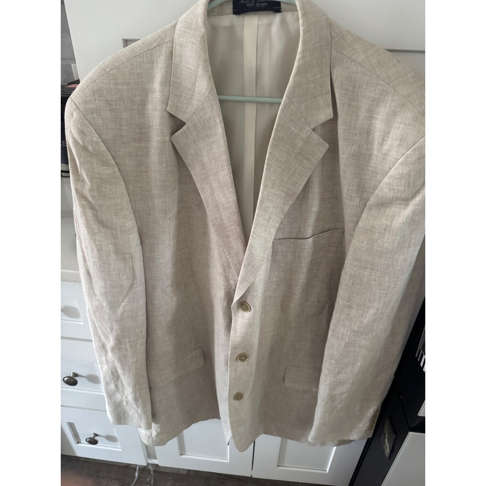 YTK Vintage Mens Beige 100% Linen Three Button Sport Coat Size 48 L Oatmeal